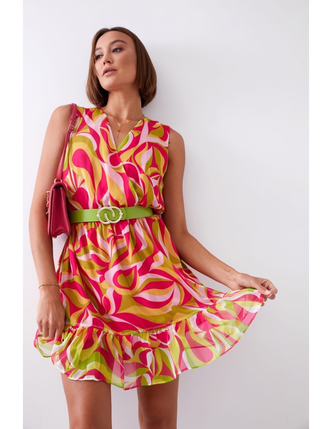 Light patterned dress with a belt, neon green and pink 03040 - Online store - Boutique